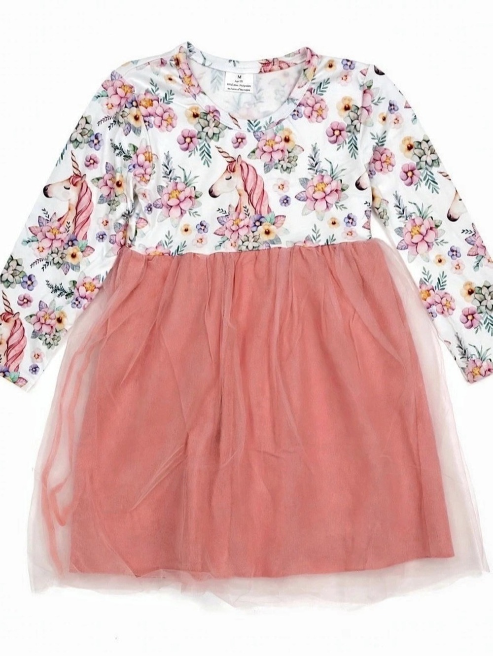 Girls Floral Unicorn Dress in Pink & White